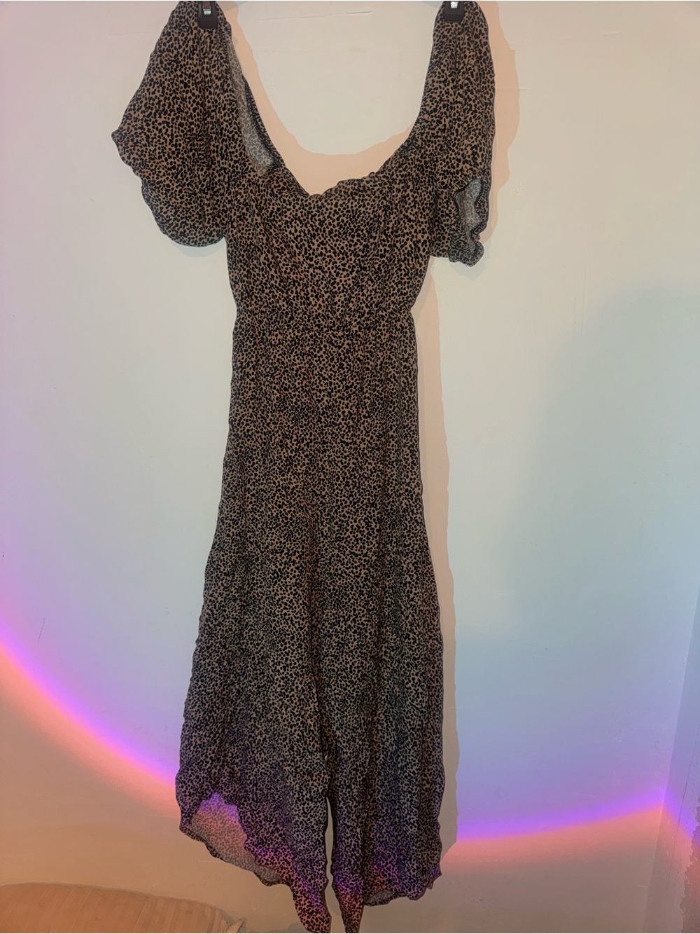 miami Brown and Black Leopard-Print Midi Dress with Puff Sleeves
